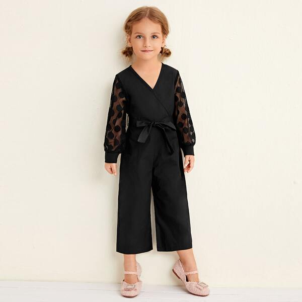 

Toddler Girls Contrast Dobby Mesh Belted Culotte Jumpsuit, Black