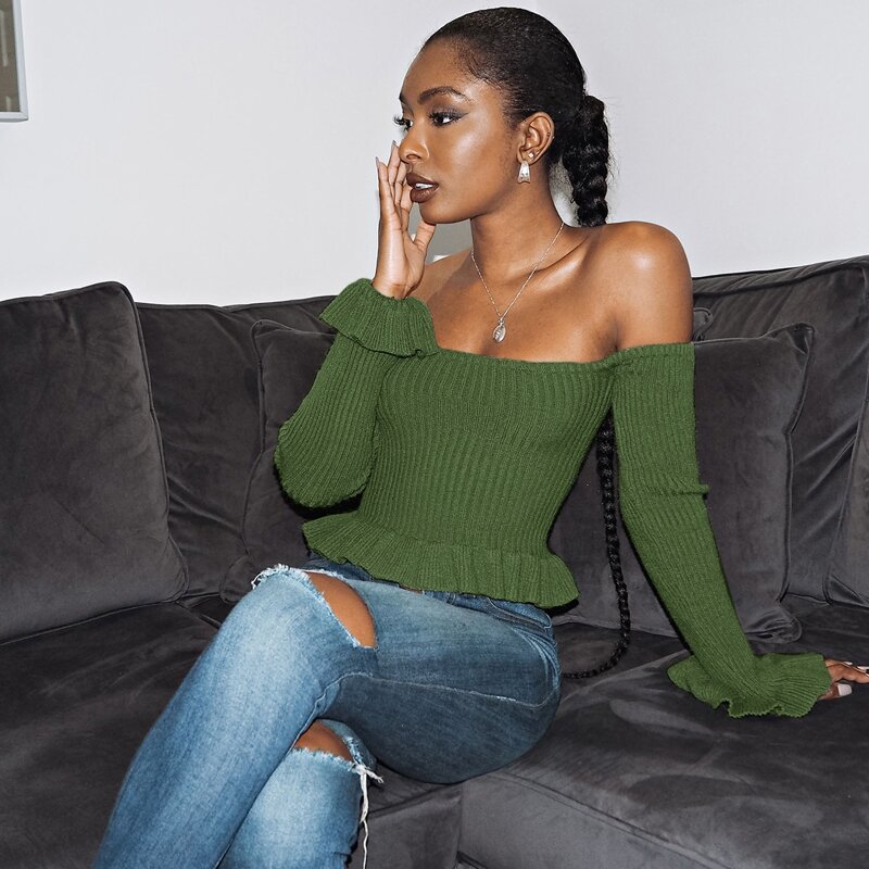 

Off Shoulder Ruffle Hem Sweater, Army green