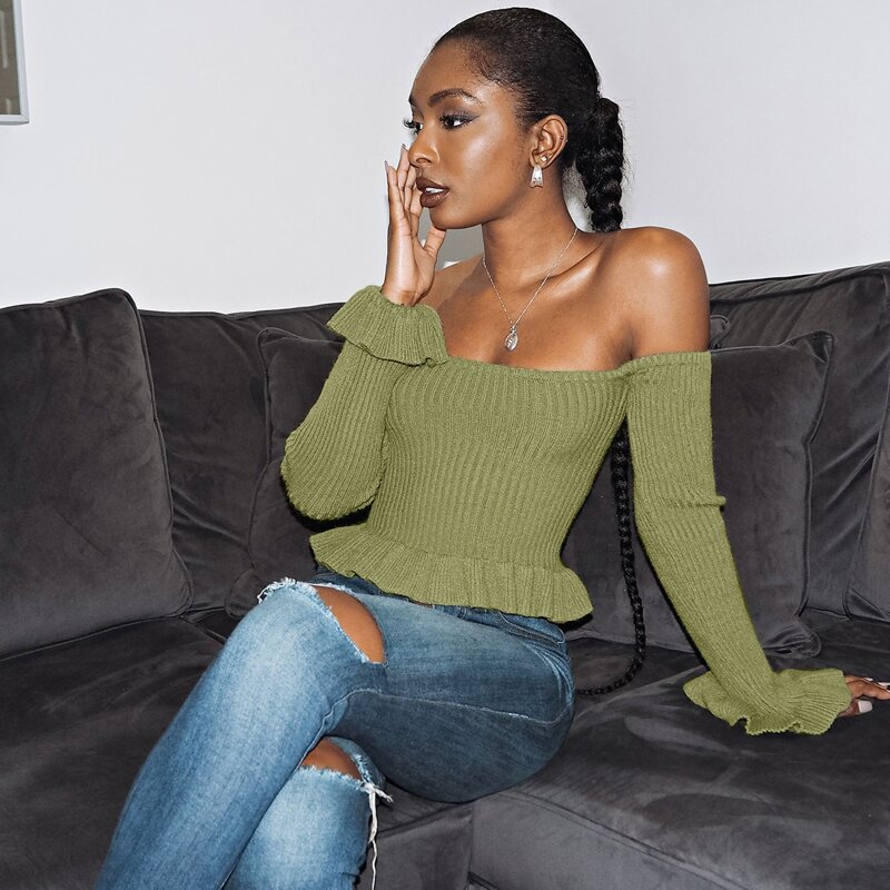 

Off Shoulder Ruffle Hem Sweater, Olive green