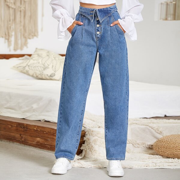 

High-Waisted Fold Waist Button Fly Fold Pleat Straight Leg Jeans, Medium wash