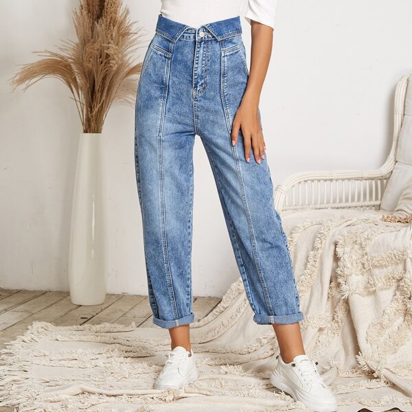 

High Waisted Fold Waist Slant Pocket Mom Jeans, Medium wash