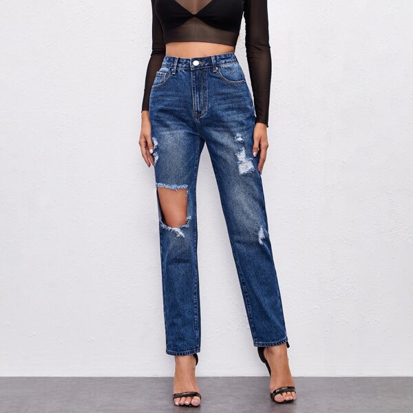 

Bleach Wash Ripped Straight Leg Jeans, Dark wash