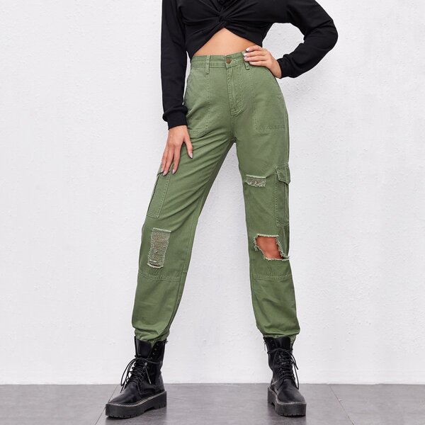 

High Waist Flap Pocket Cargo Jeans, Army green
