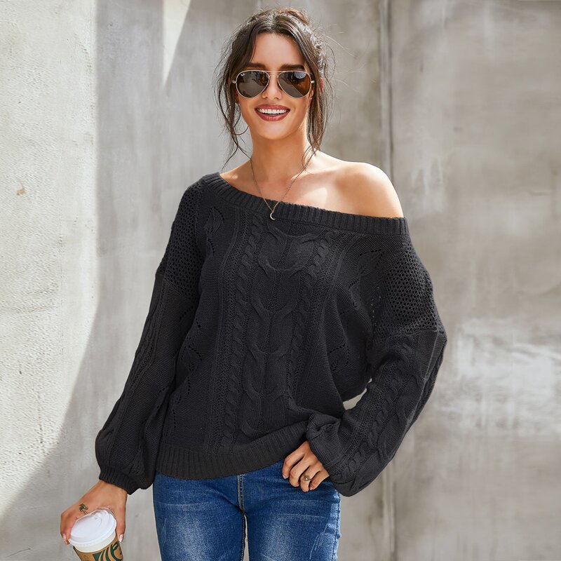 

Solid Boat Neck Drop Shoulder Sweater, Black