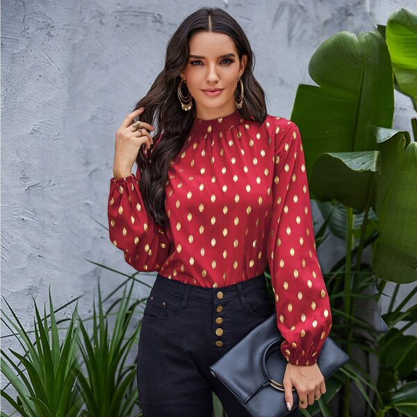 

Gold Polka Dotted Keyhole Back Blouse, Red