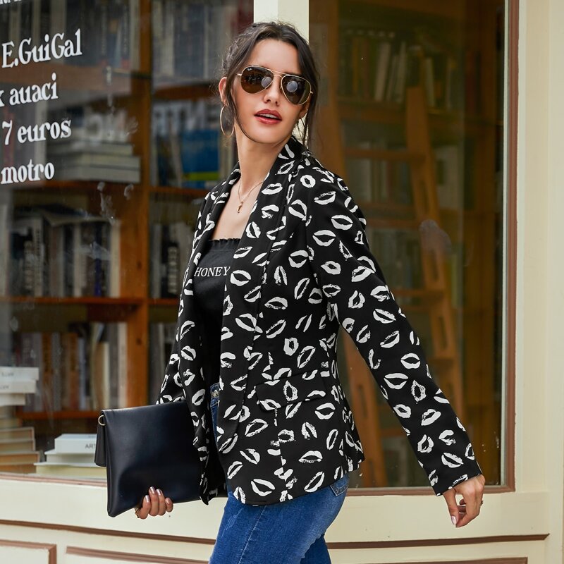 

Lip Print Shawl Collar Open Front Blazer, Black