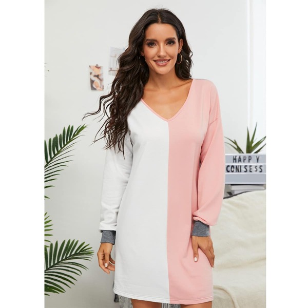 

V-neck Contrast Panel Sweatshirt Dress, Multicolor