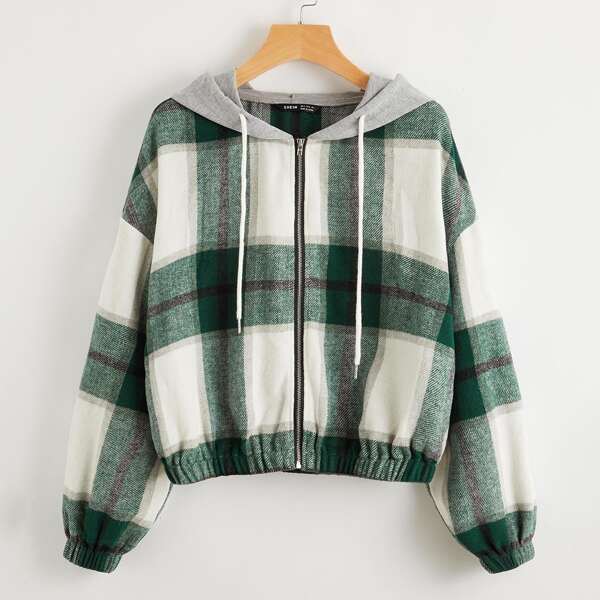 

Zip Up Plaid Drawstring Hoodie, Multicolor