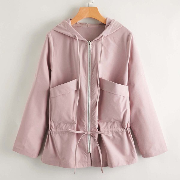 

Zip Up Double Pocket Drawstring Coat, Dusty pink