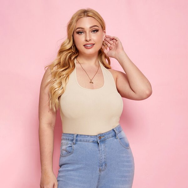 

Plus Rib-knit Solid Halter Top, Apricot