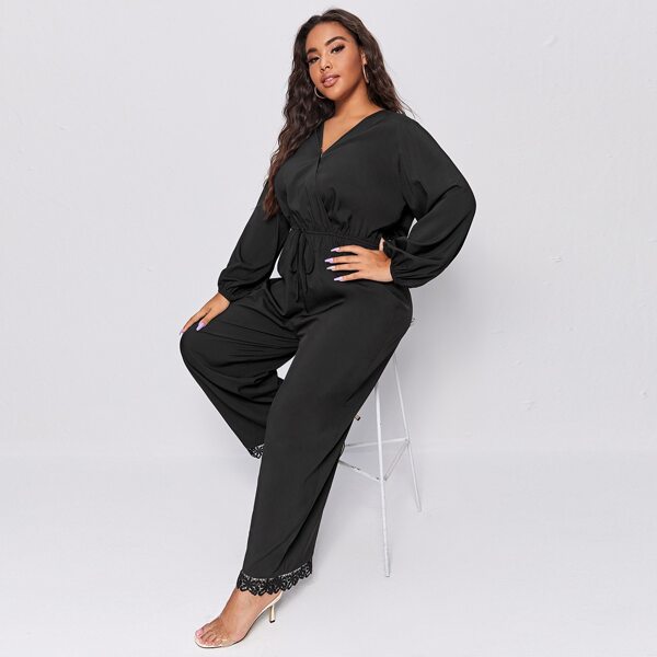 

Plus Surplice Front Knot Front Lace Hem Jumpsuit, Black