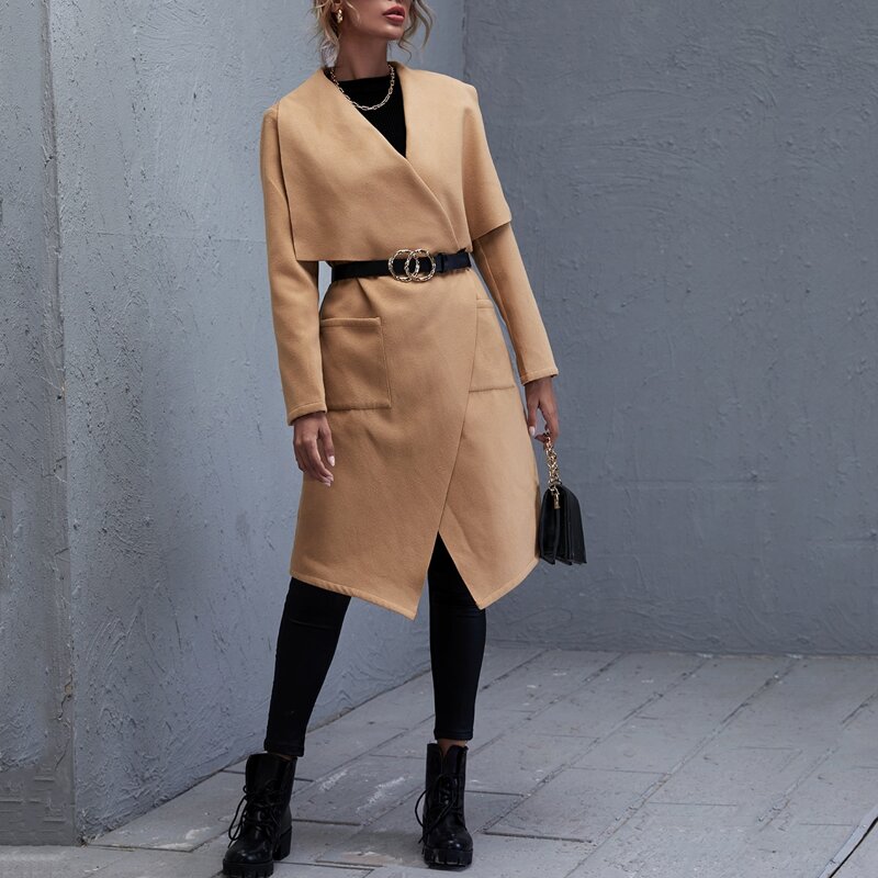 

Waterfall Collar Pocket Front Coat Without Belt, Camel