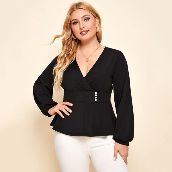 

Plus Surplice Neck Peplum Blouse, Black