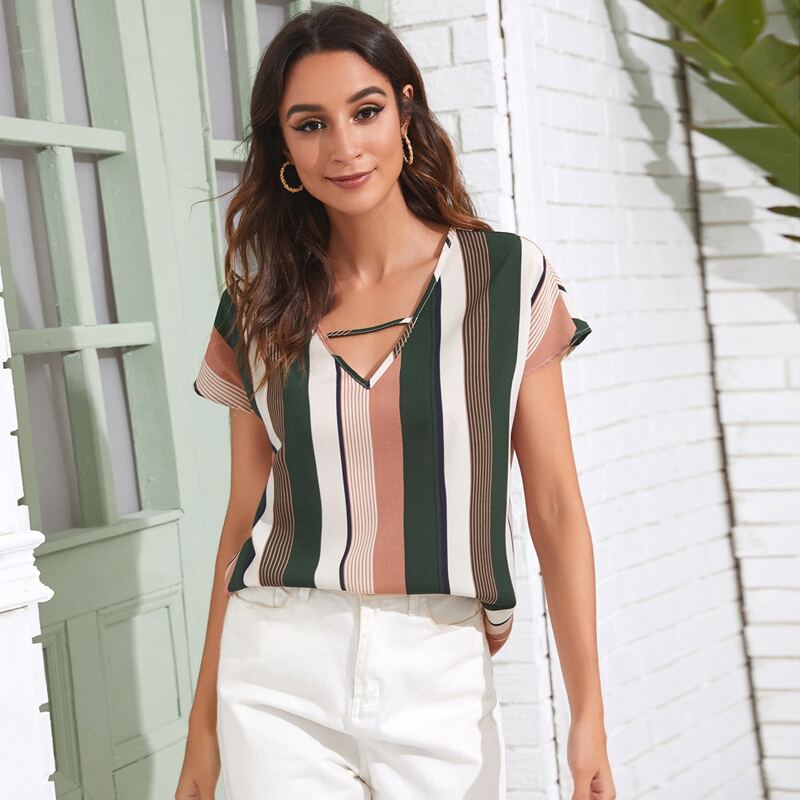 

Keyhole Neck Striped Top, Multicolor