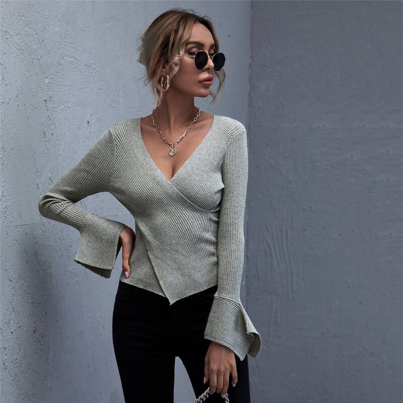 

Cross Wrap Solid Sweater, Grey