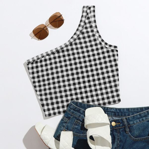 

One Shoulder Gingham Crop Top, Black and white