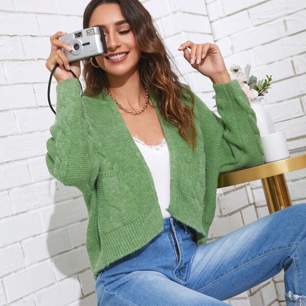 

Solid Dual Pocket Cable Knit Cardigan, Lime green