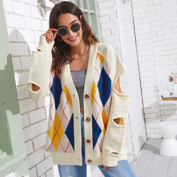 

Argyle Pattern Cut Out Button Through Cardigan, Beige