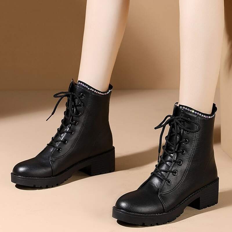 

Rhinestone Trim Lace-up Chunky Boots, Black