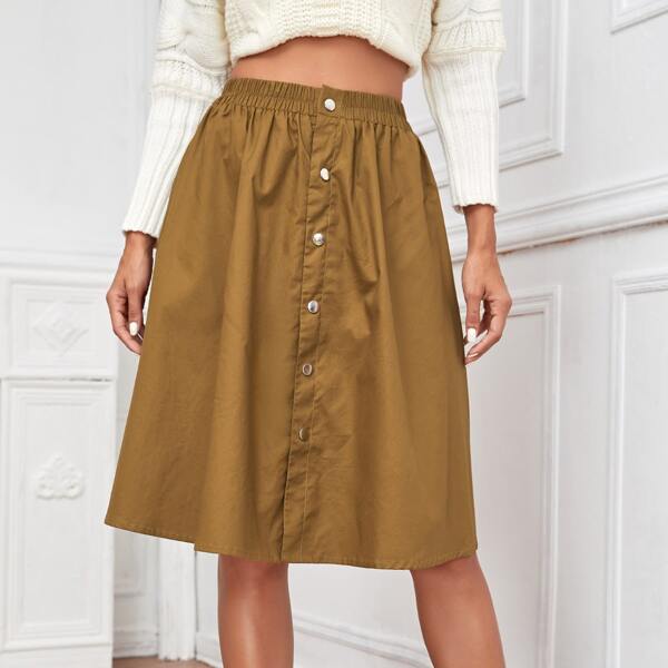 

Popper Front Elastic Waist A-line Skirt, Mocha brown
