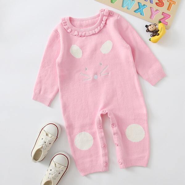 

Baby Girl Cartoon Frill Trim Knit Jumpsuit, Baby pink