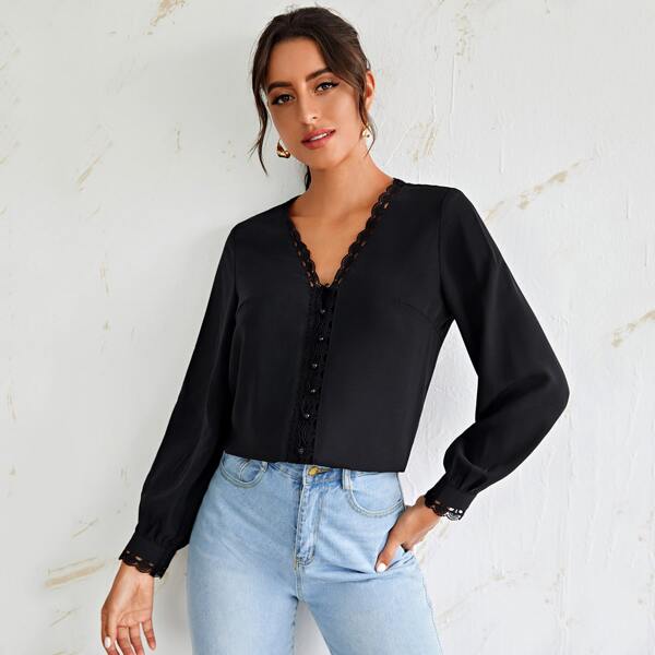 

Guipure Lace Trim Button Front Blouse, Black