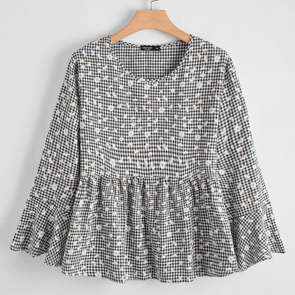 

Plus Gingham Ditsy Floral Peplum Blouse, Black and white