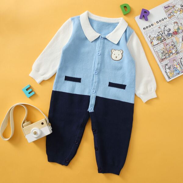 

Baby Boy Two Tone Cartoon Graphic Knit Jumpsuit, Multicolor
