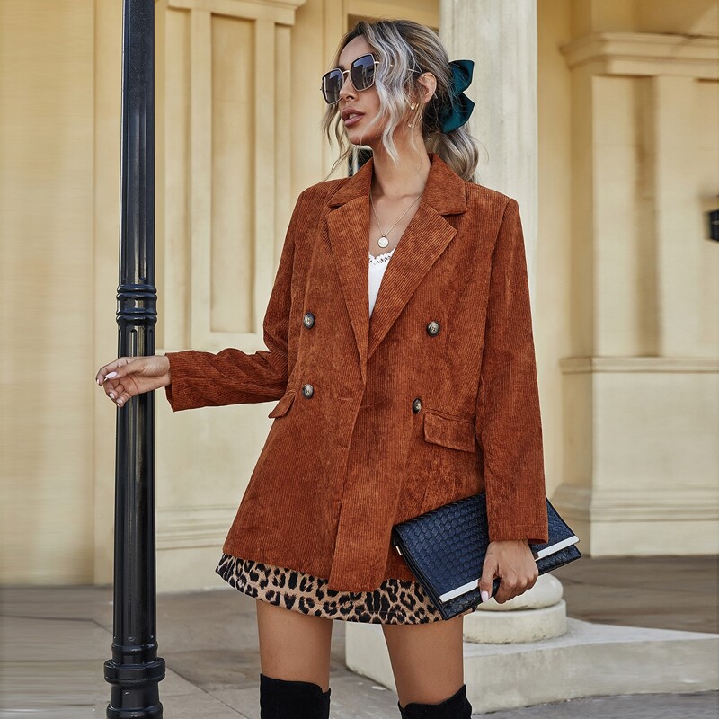 

Lapel Neck Double Button Corduroy Blazer, Rust brown
