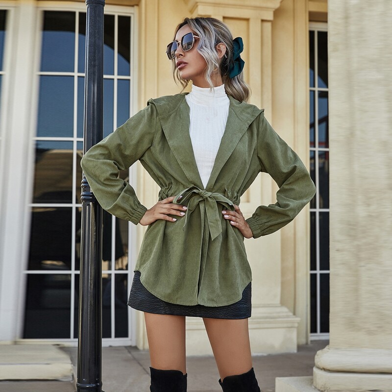 

Drawstring Waist Hooded Coat, Army green
