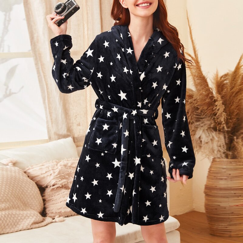 

Galaxy Print Self Tie Teddy Robe, Navy blue