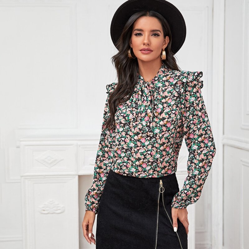 

Ditsy Floral Ruffle Tie Neck Blouse, Multicolor