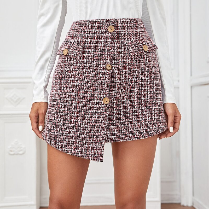 

Tweed Button Front Asymmetrical Skirt, Multicolor