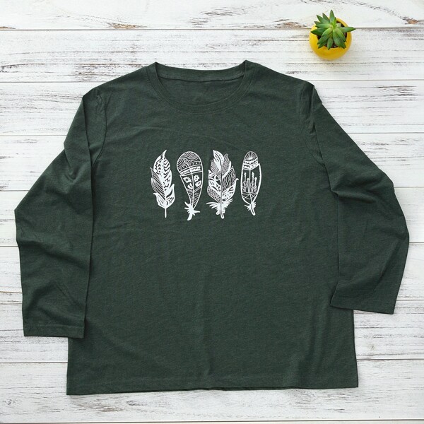 

Plus Feather Print Long Sleeve Tee, Dark green
