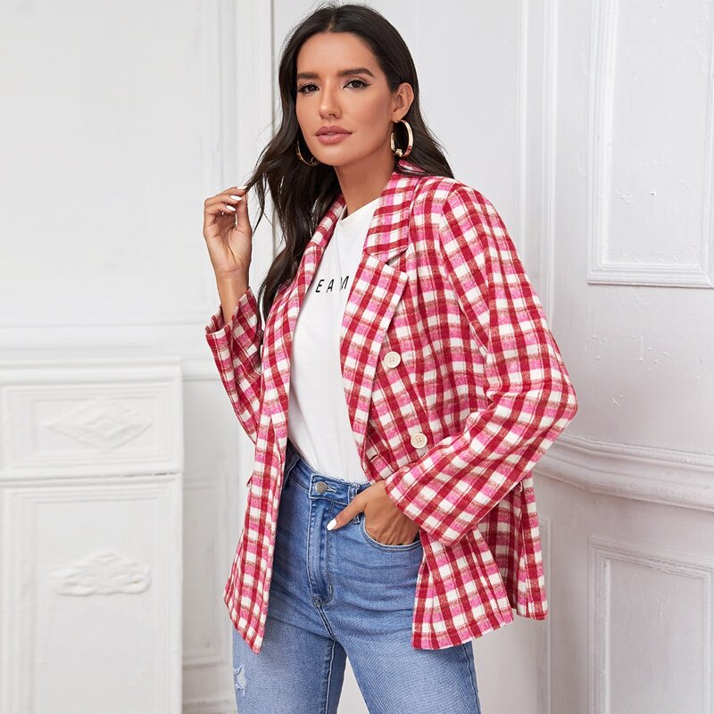

Plaid Double Breasted Wool-mix Blazer, Multicolor