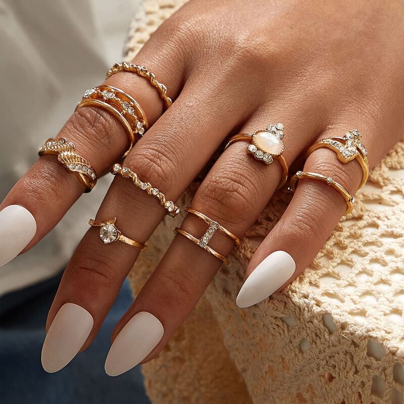 

9pcs Rhinestone Ring, Gold