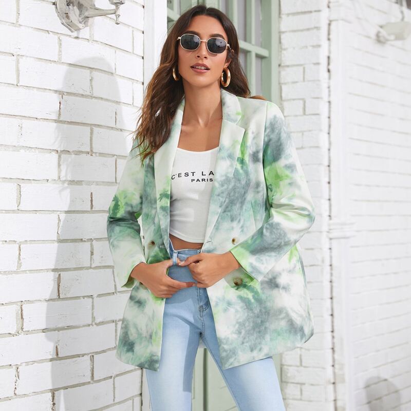 

Tie Dye Double Breasted Lapel Collar Blazer, Multicolor
