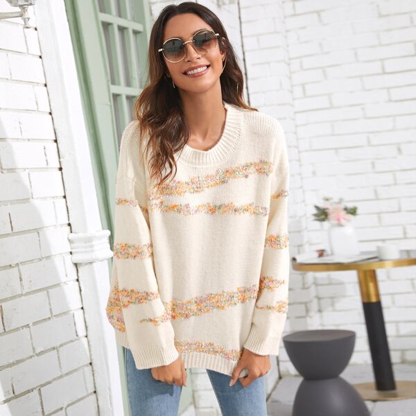 

Contrast Sequin Drop Shoulder Sweater, Beige