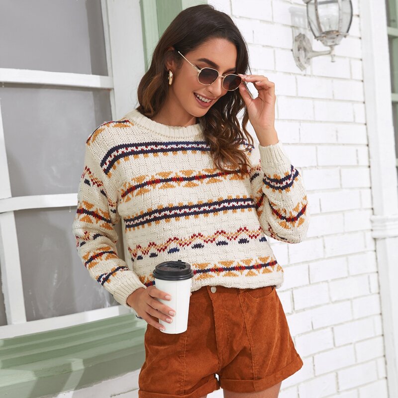 

Striped And Geo Pattern Sweater, Multicolor
