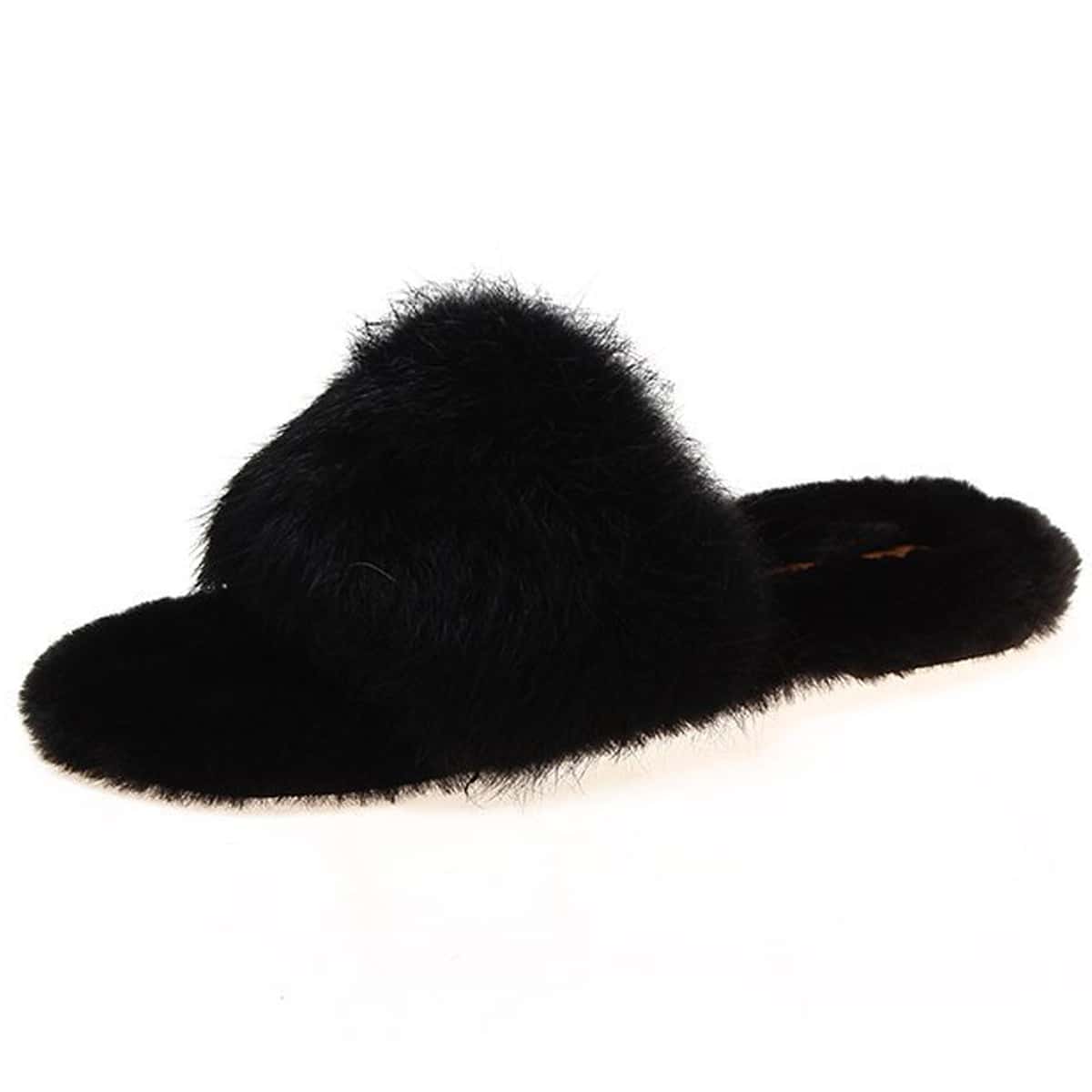 

Solid Fluffy Slippers, Black