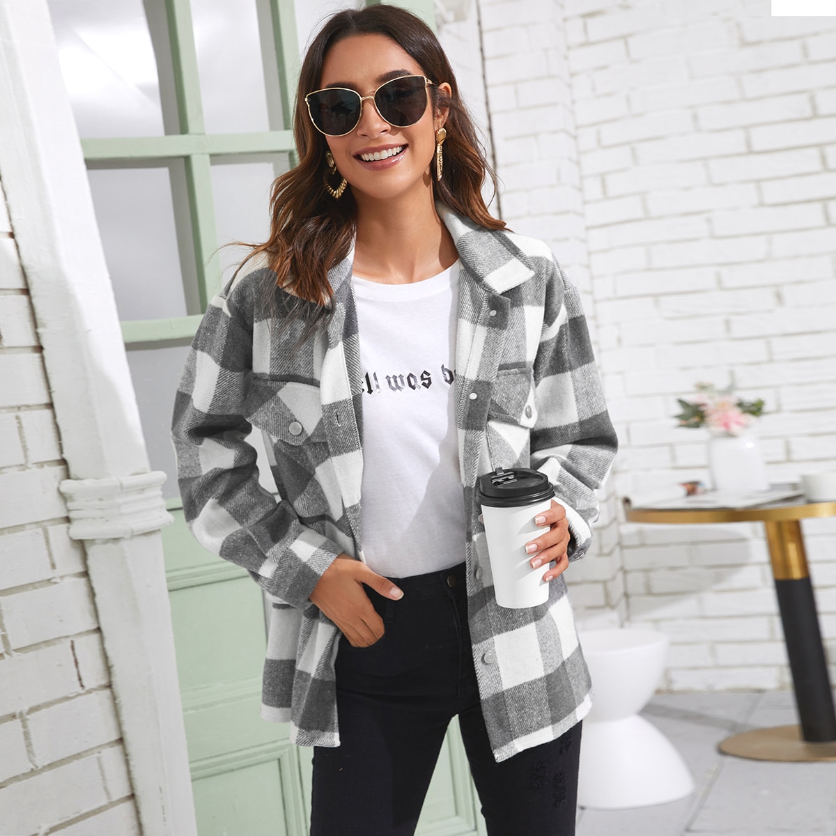 Image of Buffalo Plaid Double Pocket Overcoat