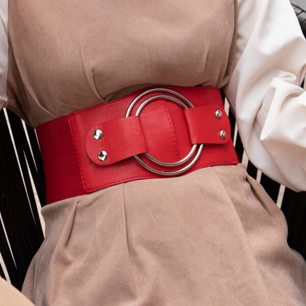 

Metal Buckle Wide Belt, Red