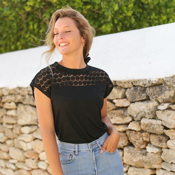 

Solid Contrast Lace Batwing Sleeve Tee, Black