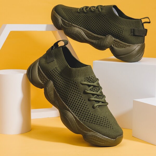 

Lace-up Decor Low Top Knit Sneakers, Army green