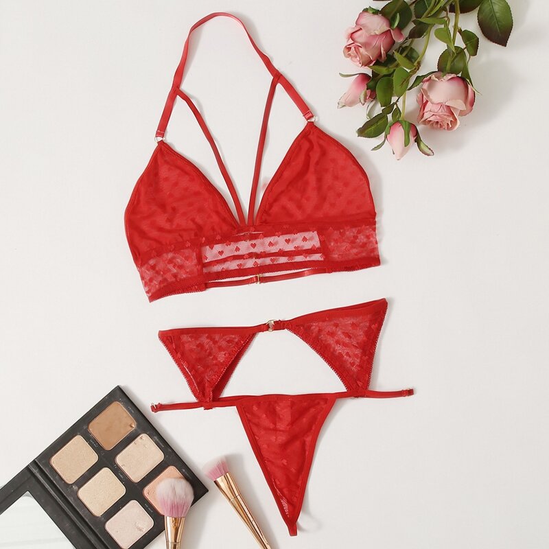 

Heart Print Mesh Harness Lingerie Set, Red
