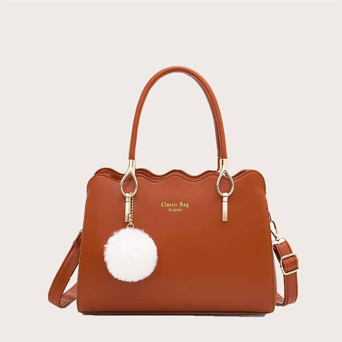 

Pom Pom Decor Letter Graphic Shoulder Bag, Brown