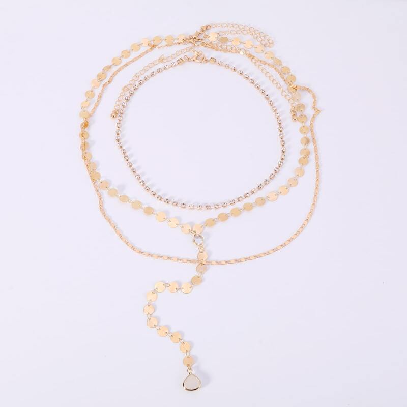 

3pcs Rhinestone & Disc Decor Chain Necklace, Gold