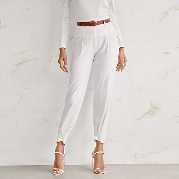 

Solid Button Detail Pants Without Belt, White