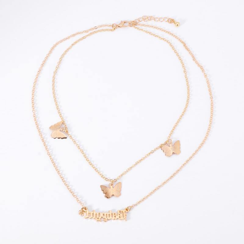 

Butterfly & Letter Graphic Layered Chain Necklace, Gold