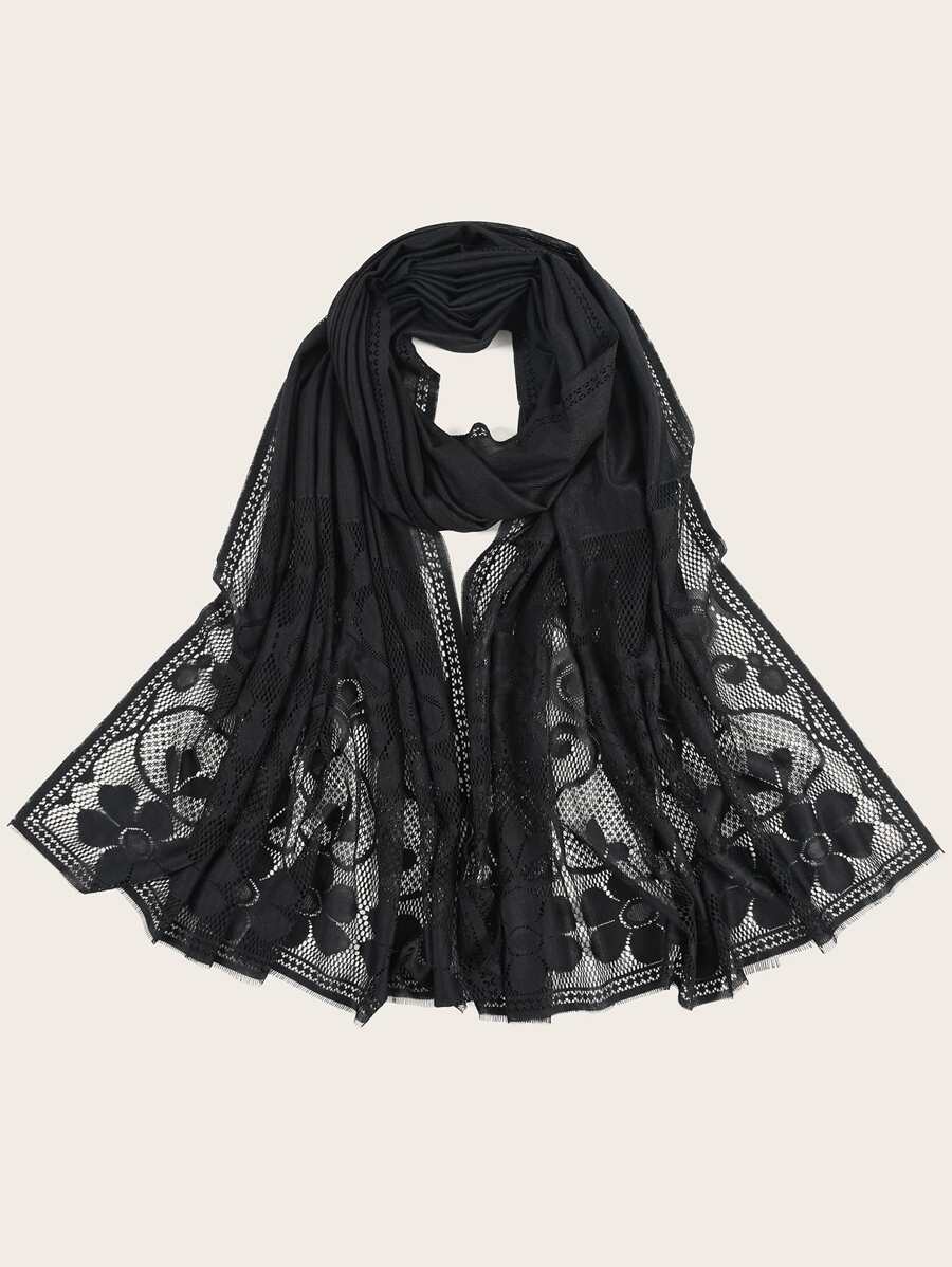 Flower Pattern Scarf - Black - View 1